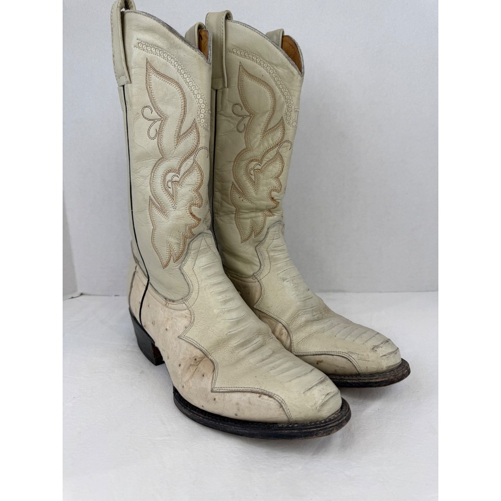 Vintage El Temascal Off White Leather Ostrich Print Western Cowboy Boots Mens 10